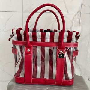 Jeanne Lottie Clear Vinyl Beach Tote with Red Striped Pouch & Red Trim